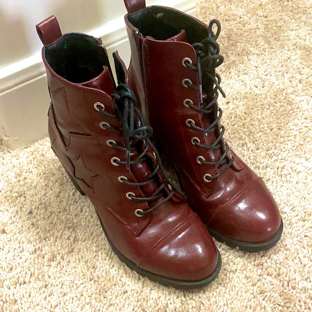 XOXO maroon leather high heel combat boots.